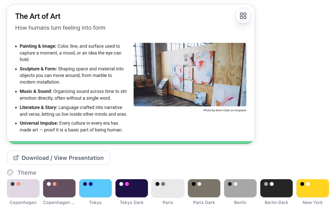 SlidesGPT builds your deck right inside Claude. Every slide has buttons to download it, switch the layout, or change the theme.