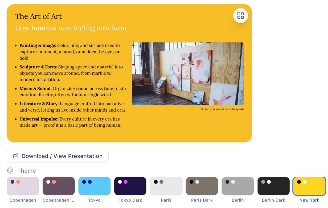 Choose any theme at the bottom and the whole deck restyles in one click. Here it switched to the New York theme.