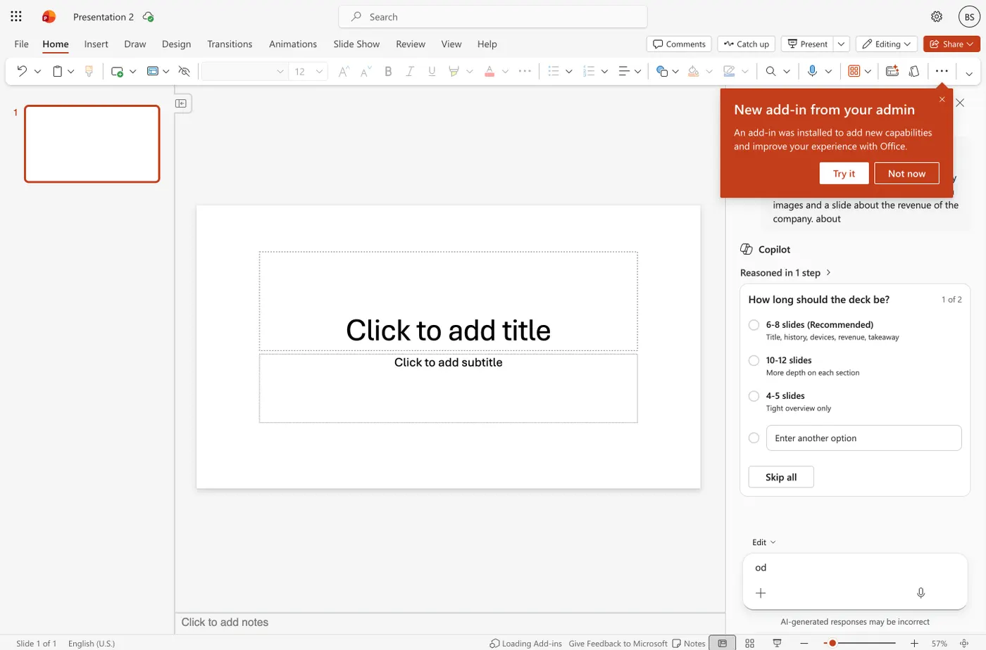 Copilot asking how long the deck should be, recommending six to eight slides covering title, history, devices, revenue and takeaway